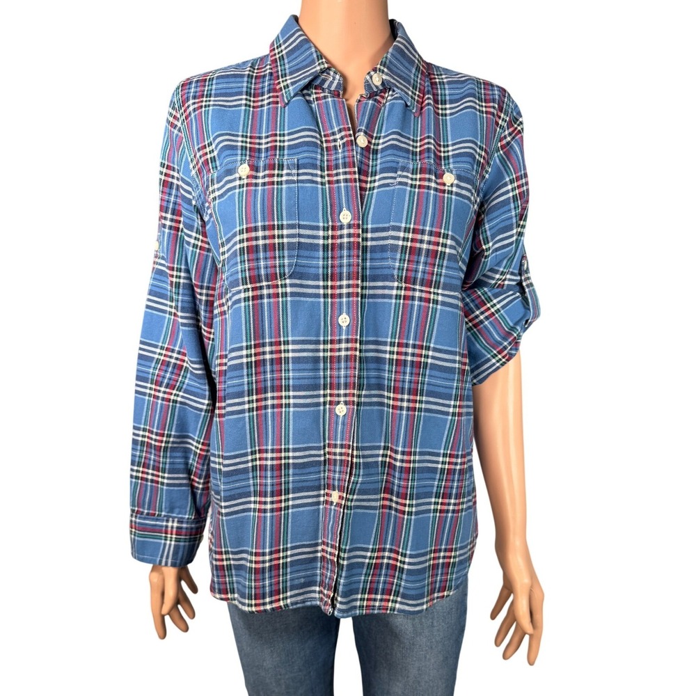 Lauren Jeans Co Ralph Lauren Blue Plaid Button Down Shirt Petite Large PL Cotton